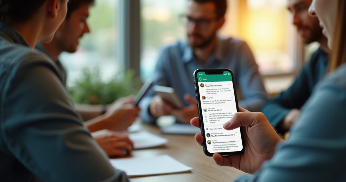 Smartphone mostrando grupo do WhatsApp com mensagens moderadas 