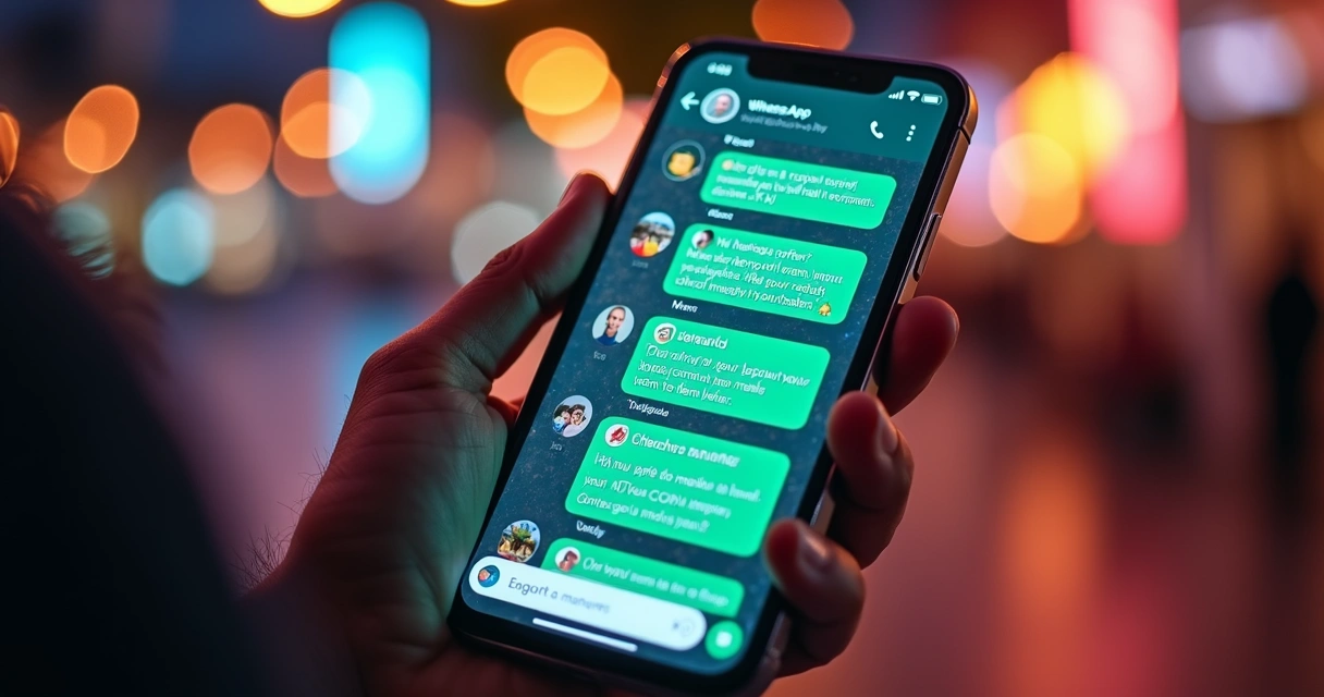Tela de celular mostrando grupo ativo de ofertas no WhatsApp com mensagens e emojis coloridos 