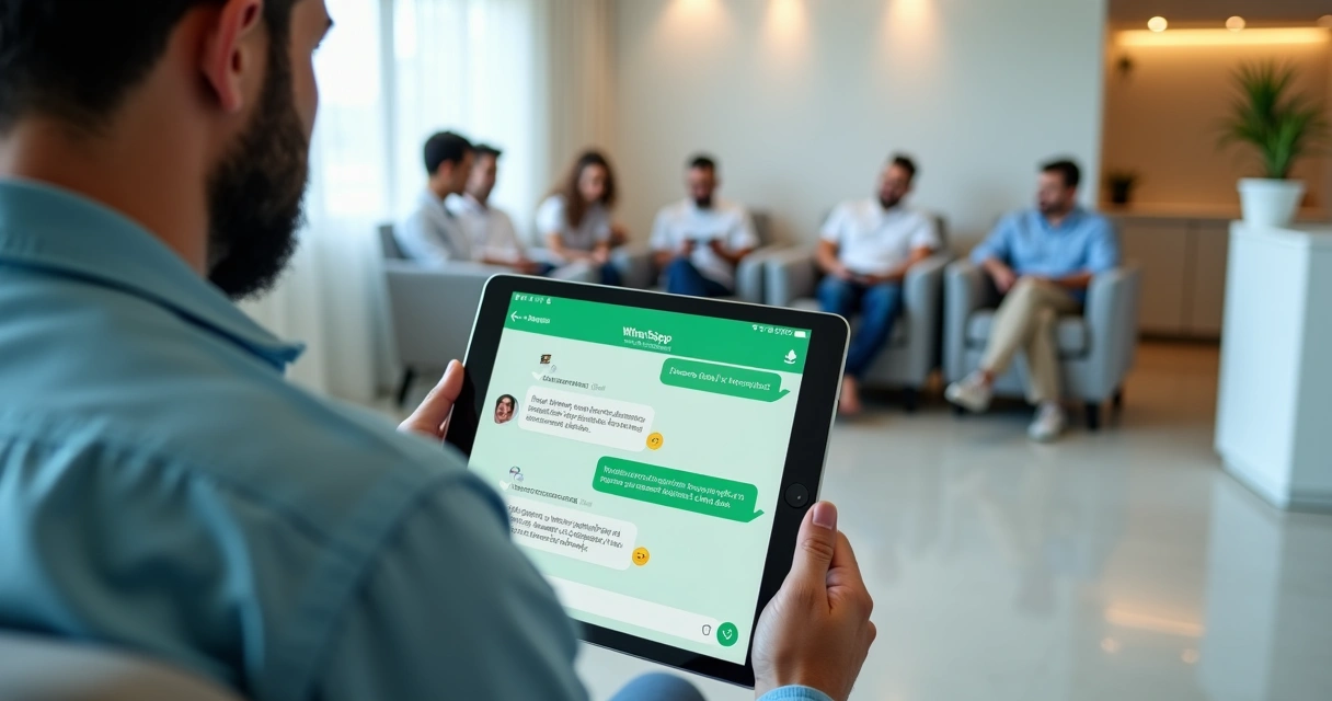 Dentista mostra grupo de WhatsApp com pacientes em tablet dentro da clínica 