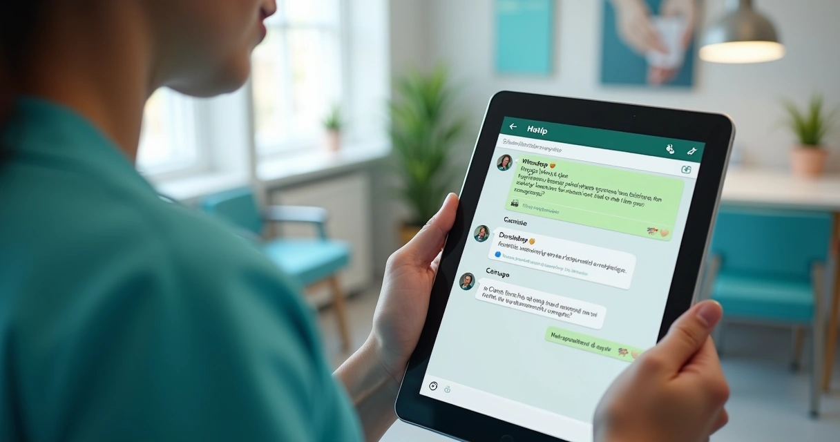 Profissional de saúde mostrando mensagens em grupo de WhatsApp a pacientes em sala de atendimento 