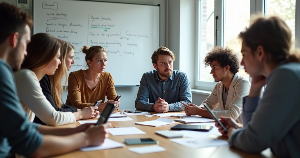 Pessoas ao redor de uma mesa, algumas com expressão irritada, olhando para celulares 