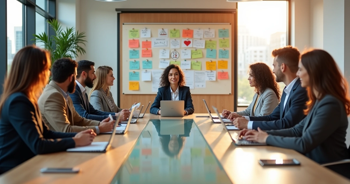 Equipe executiva em mesa de reunião com muro de agradecimentos ao fundo 