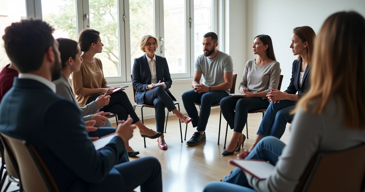 Grupo de pessoas em círculo discutindo tomada de decisões 