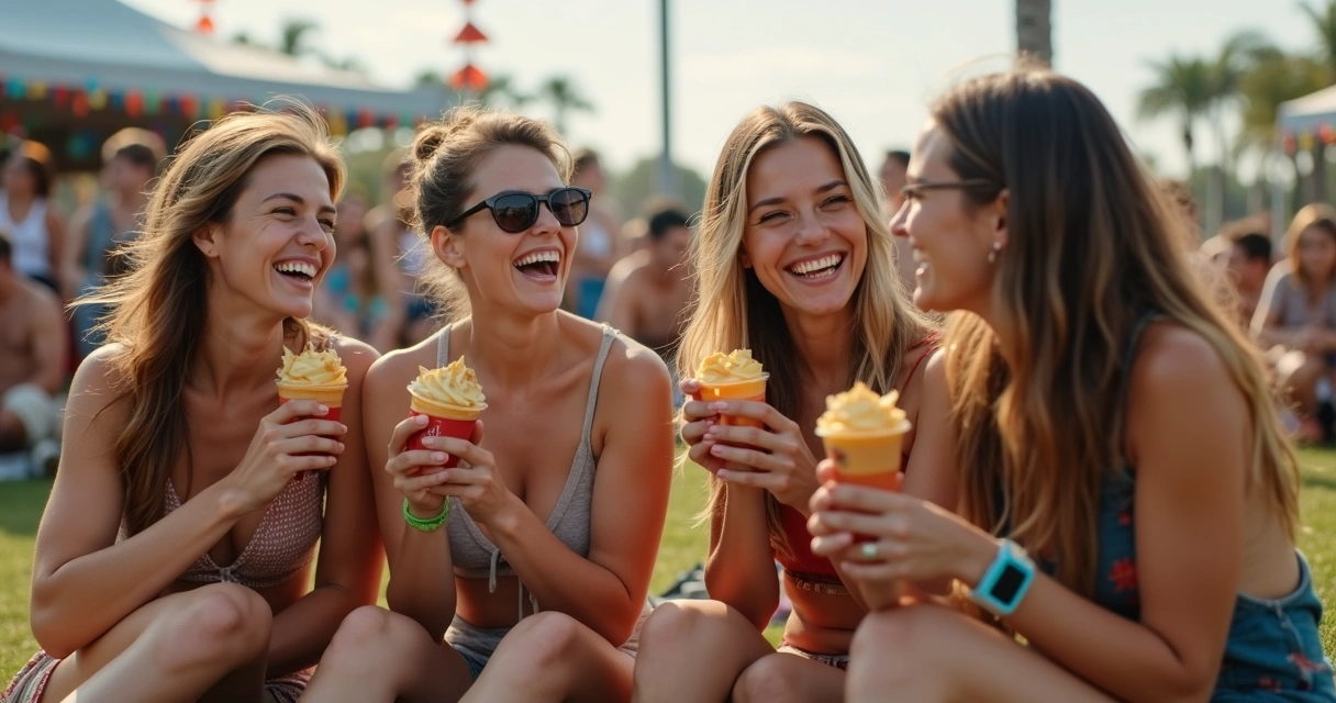 Grupo de amigos sorrindo, sentados na grama em festival em Orlando, com bebidas e comida. 