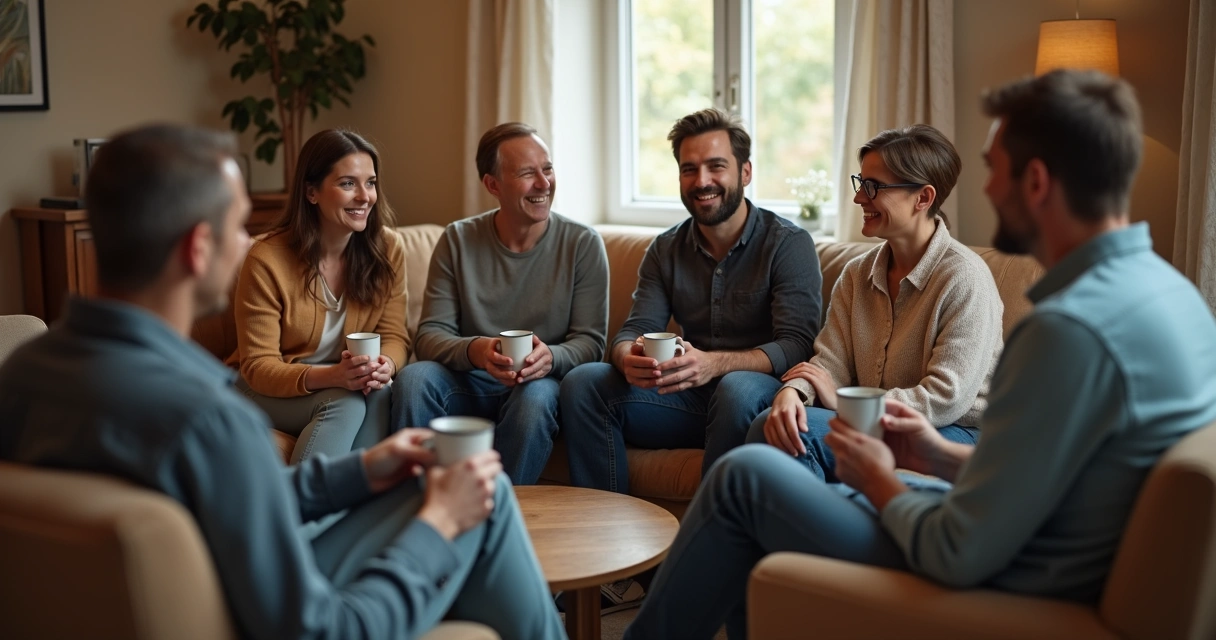 Grupo de pessoas sentadas formando um círculo, conversando 