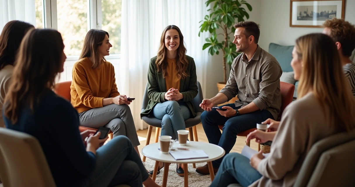 Grupo de pessoas sentadas em círculo conversando e compartilhando experiências 