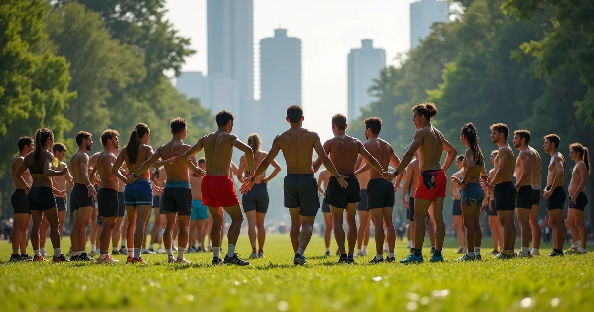 Grupo diverso de corredores em São Paulo alongando em círculo em um parque. 