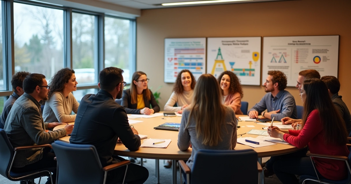Grupo de cidadãos reunidos discutindo em volta de uma mesa