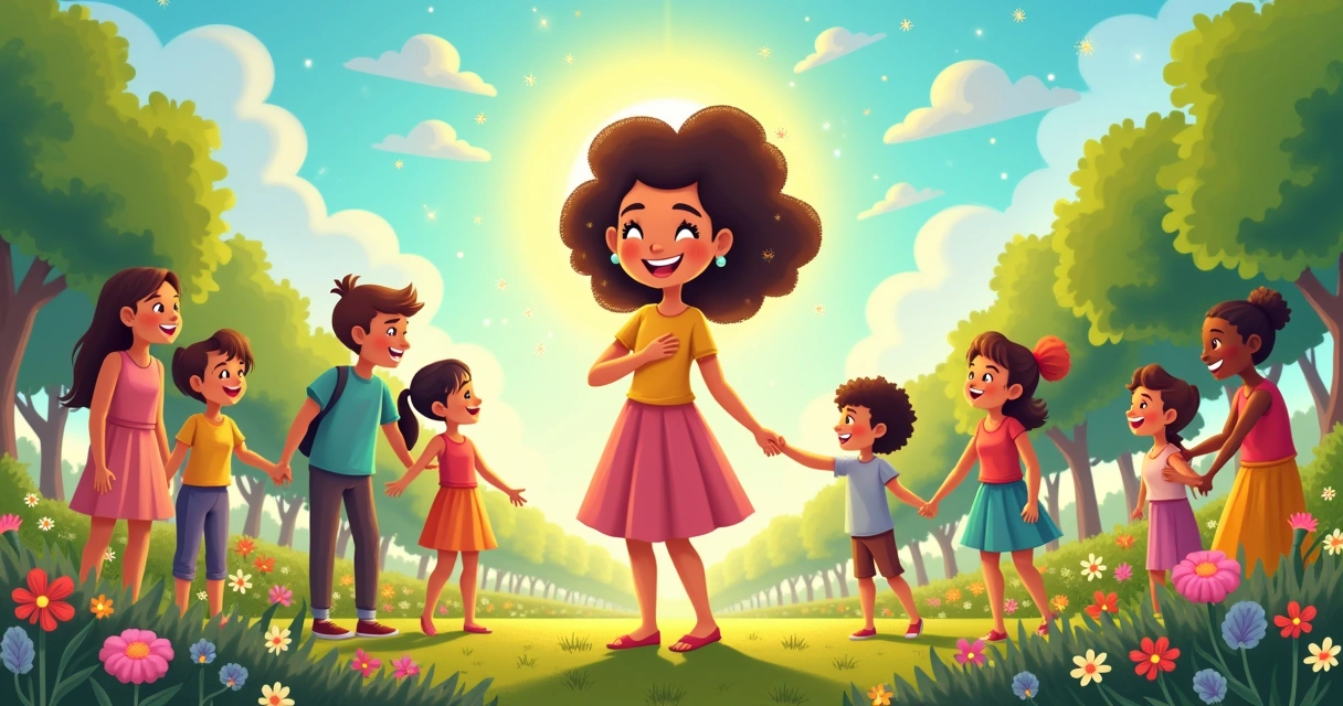Pessoas sorrindo em um parque, praticando gratidão com gestos de afeto e união em um ambiente ensolarado.