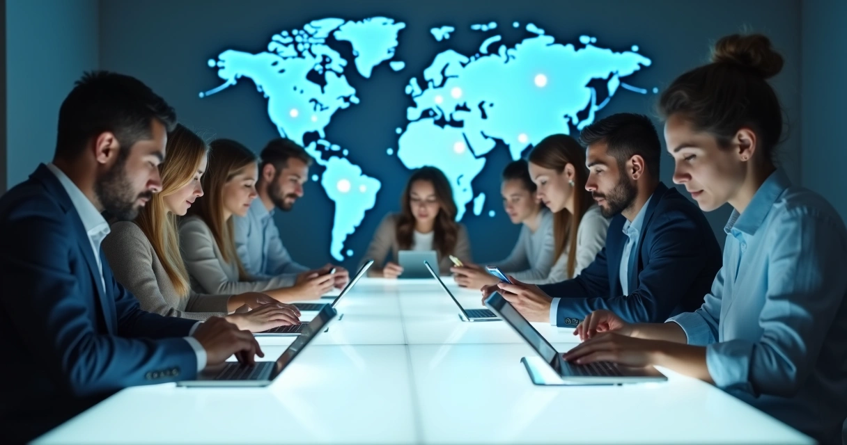 Grupo de pessoas interagindo online com vários dispositivos 