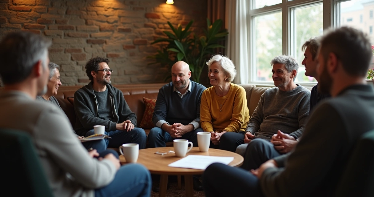 Pessoas reunidas em círculo conversando em ambiente aconchegante 