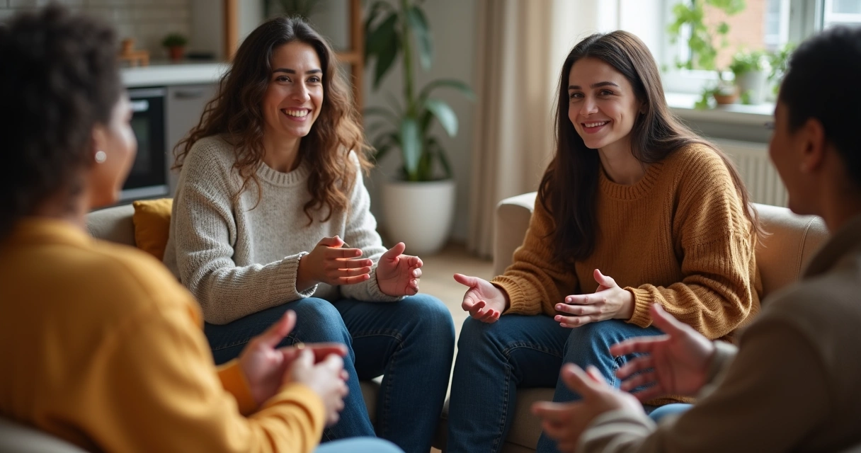 Grupo de pessoas diversas sentadas em roda compartilhando experiências de forma autêntica 