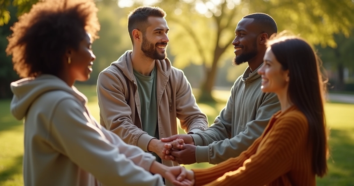 Grupo diverso de pessoas em círculo de mãos dadas 