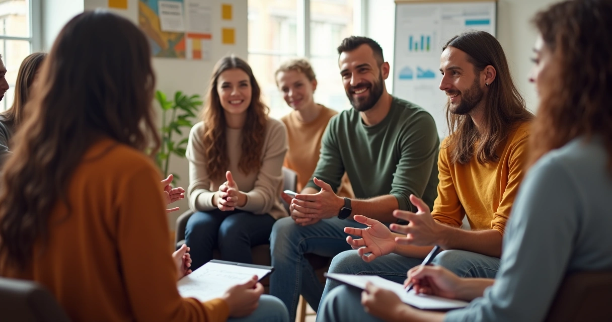 Grupo diversificado sentado em círculo em ambiente iluminado, compartilhando ideias