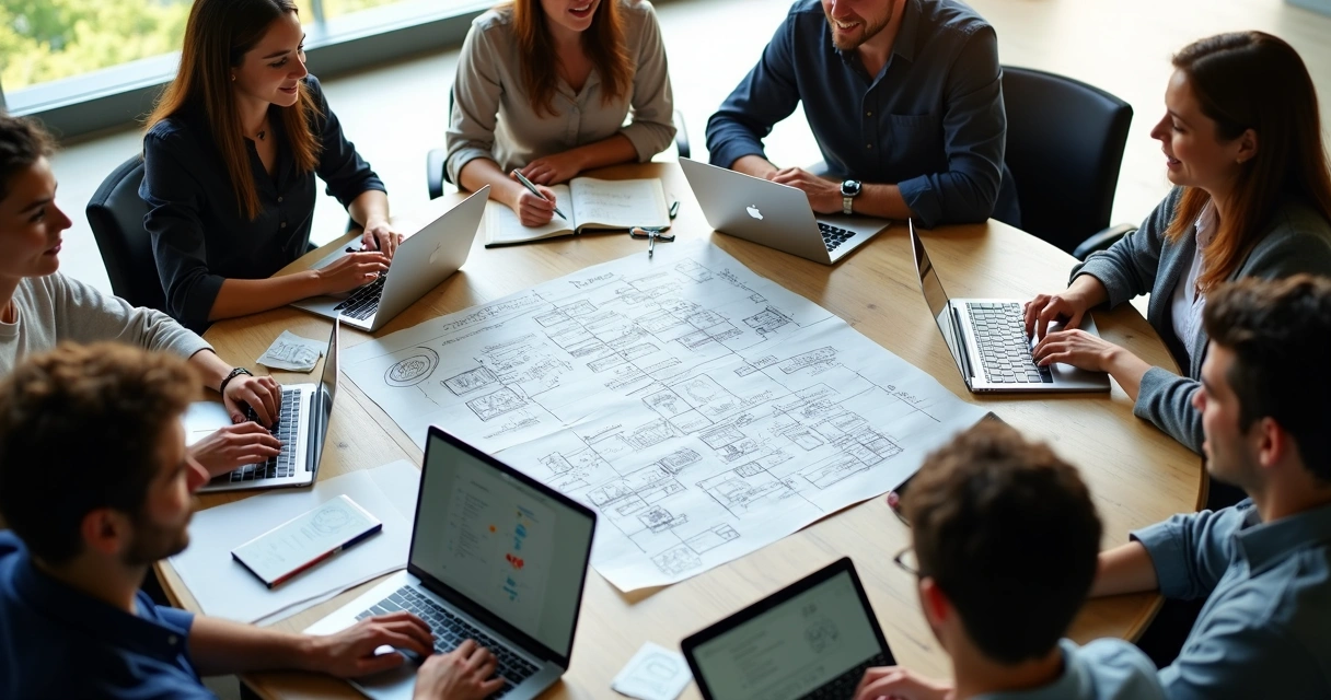 Grupo diverso de pessoas discutindo ideias em uma mesa redonda 