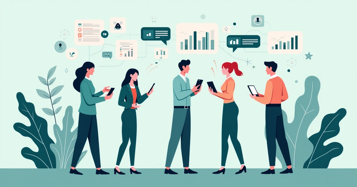 Ilustração flat mostrando pessoas conectadas trocando curtidas e comentários em celulares, com gráficos de engajamento e alertas de risco ao fundo 