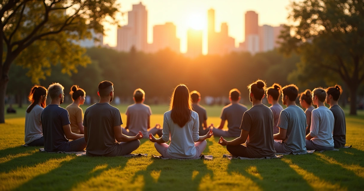 Grupo de pessoas reunidas em roda ao ar livre, praticando meditação juntos no final de tarde. 