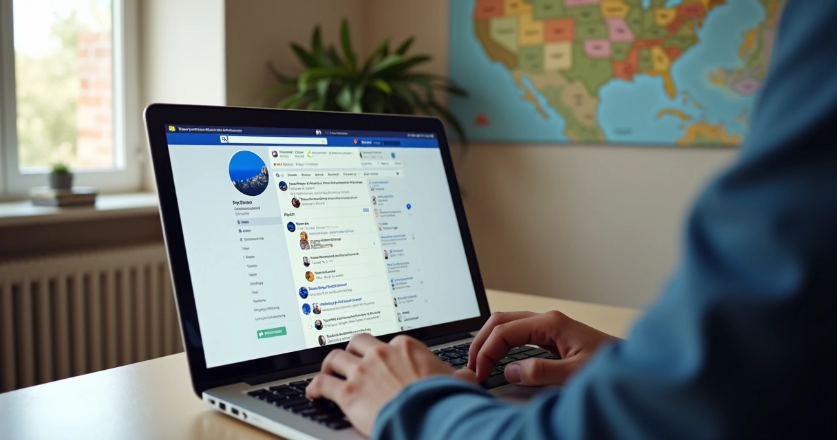Pessoa navegando em um grupo local de Facebook em notebook com mapa da cidade ao fundo 