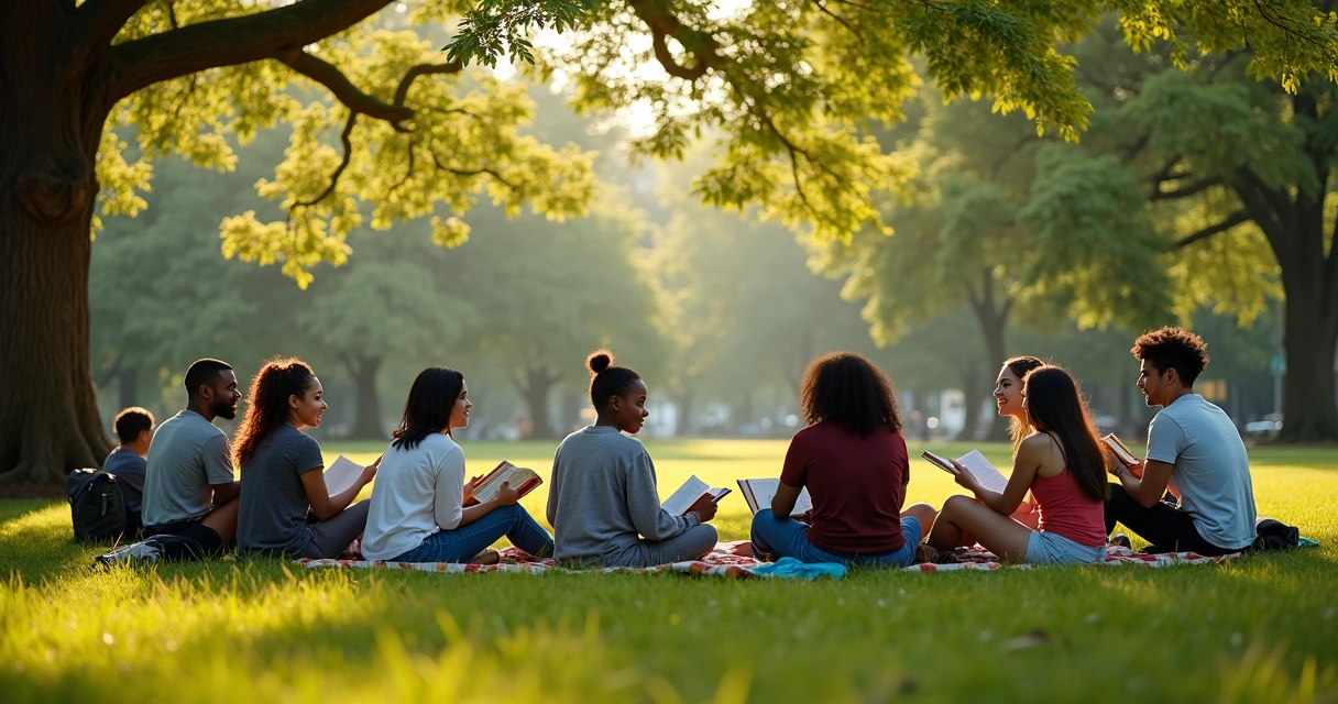Pessoas em círculo lendo sob árvores num parque 