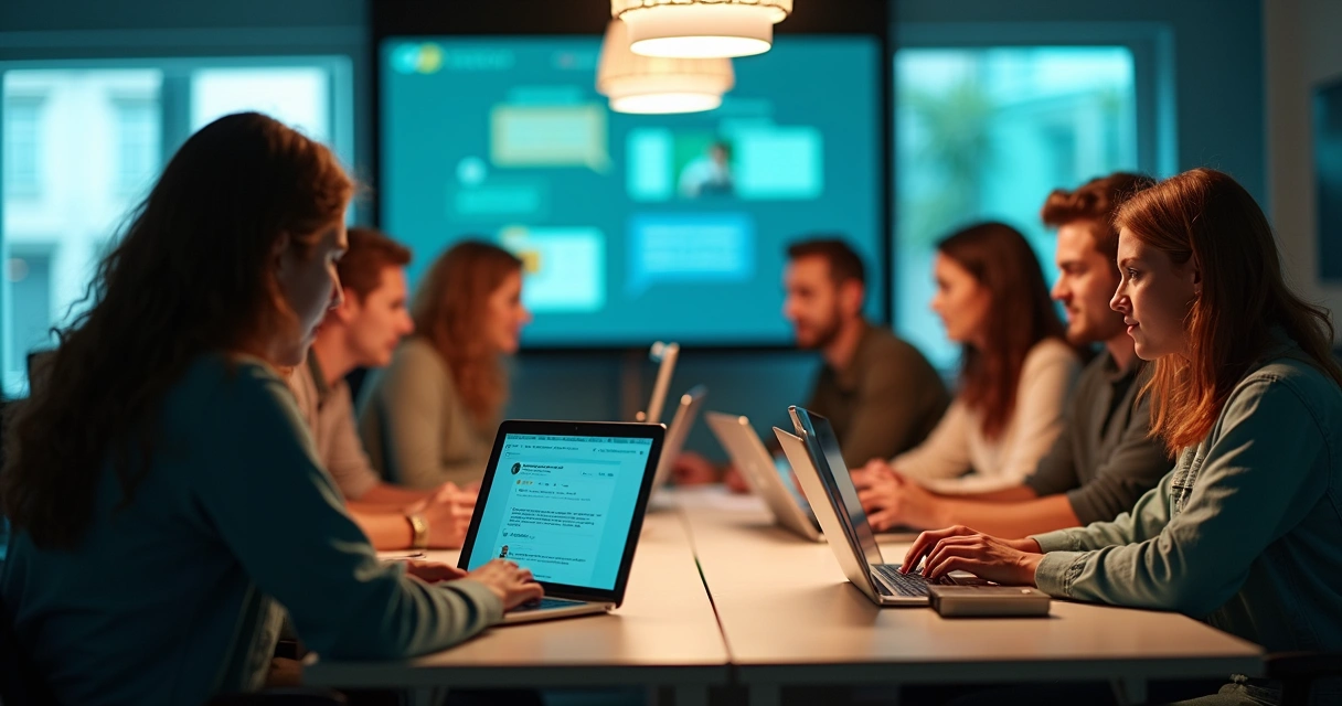 Grupo de pessoas reunidas discutindo em um ambiente digital 