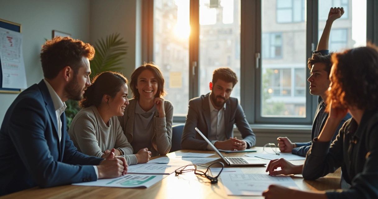Grupo de pessoas representando diferentes papéis arquetípicos em ambiente profissional.