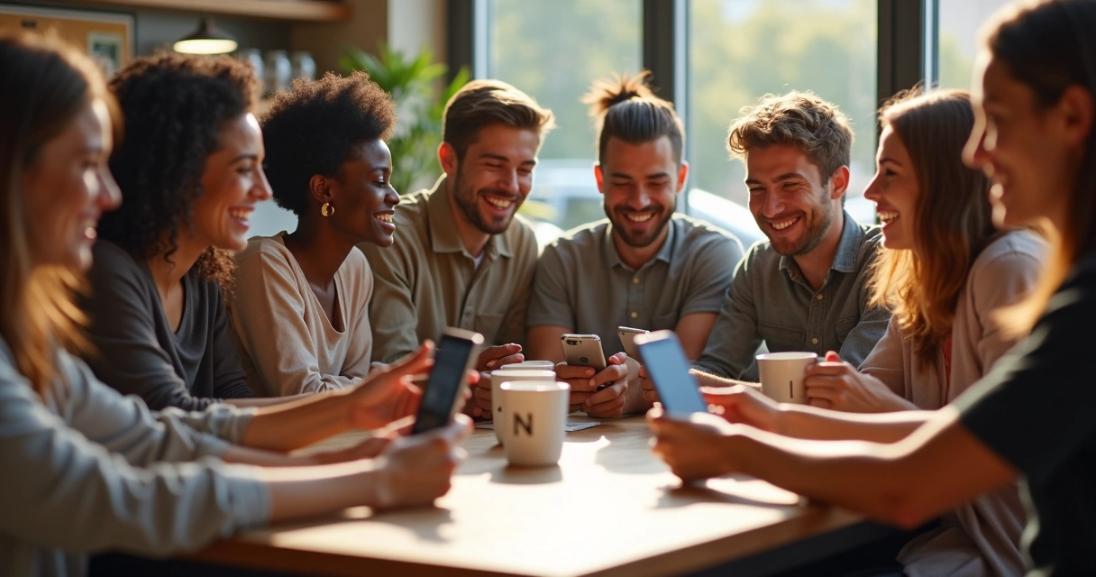 Grupo de pessoas usando celular em roda compartilhando conteúdos 