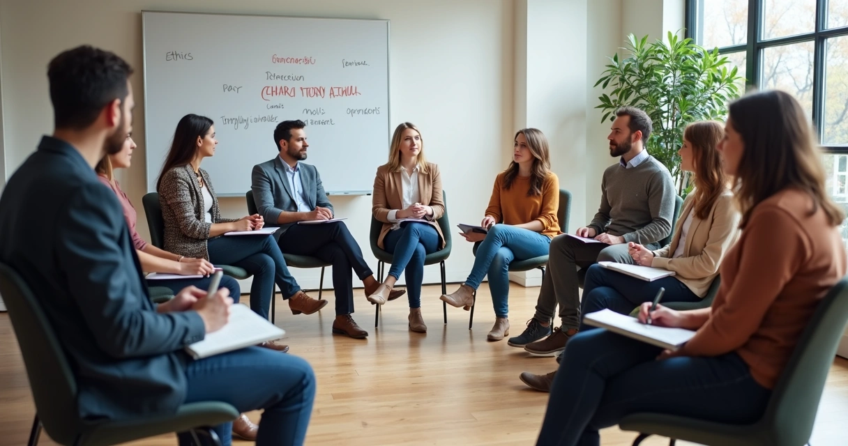 Pessoas em círculo discutindo dilemas éticos 
