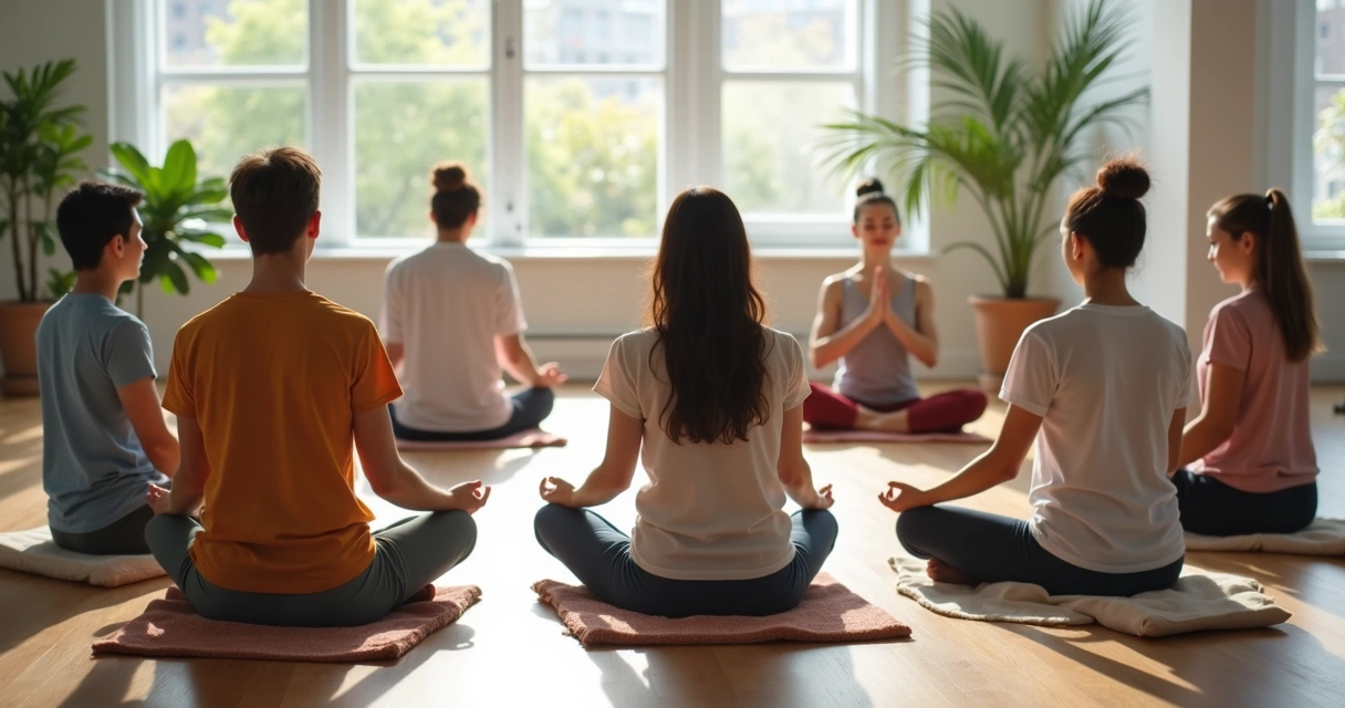 Grupo de pessoas sentadas em círculo, praticando meditação em ambiente claro