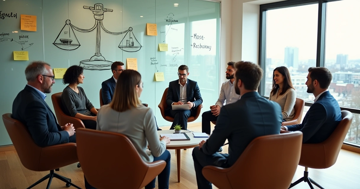 Grupo diverso em roda debatendo dilemas éticos em ambiente urbano moderno 