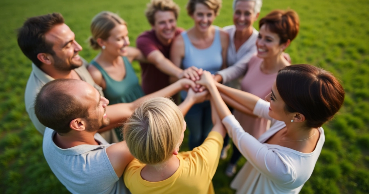 Grupo de personas adultas unidas en círculo sonriendo y tomándose de las manos