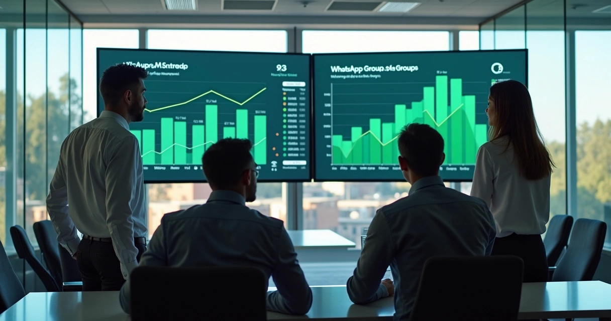 Gestores olhando para dashboards de grupos WhatsApp 