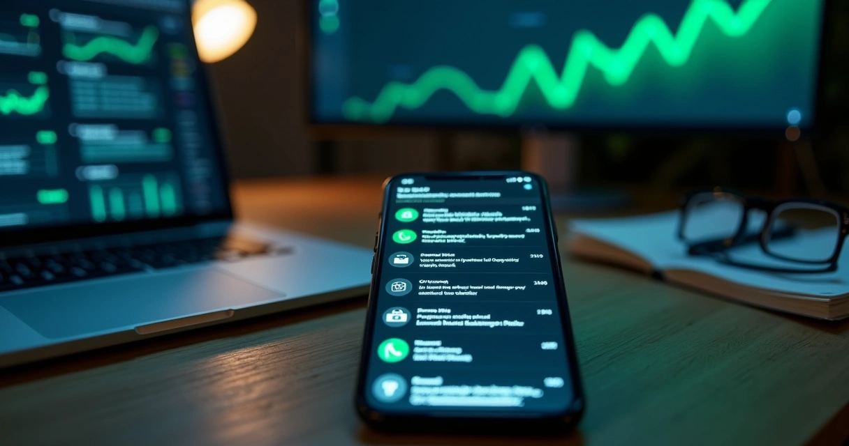 Tela de smartphone com grupos de WhatsApp projetados como funil de leads em ambiente de escritório moderno 