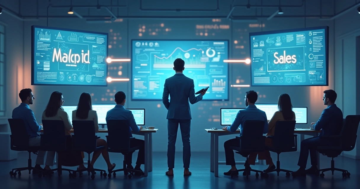 Engenheiro de vendas ajustando integrações entre equipes de marketing e vendas, rodeado de telas de software 