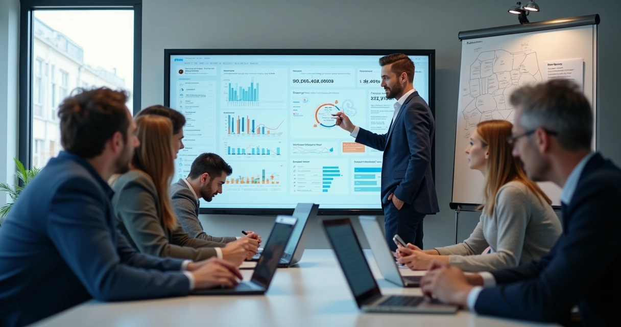 Profissionais de marketing e tecnologia reunidos discutindo frente a dashboards 
