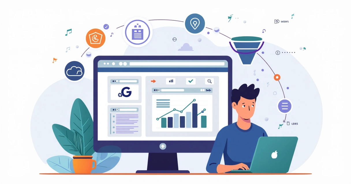 Ilustração de profissional configurando GTM server-side em dashboard de landing page 