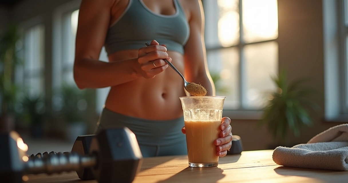 Atleta misturando guaraná em pó com uma colher em shake ao lado de pesos 