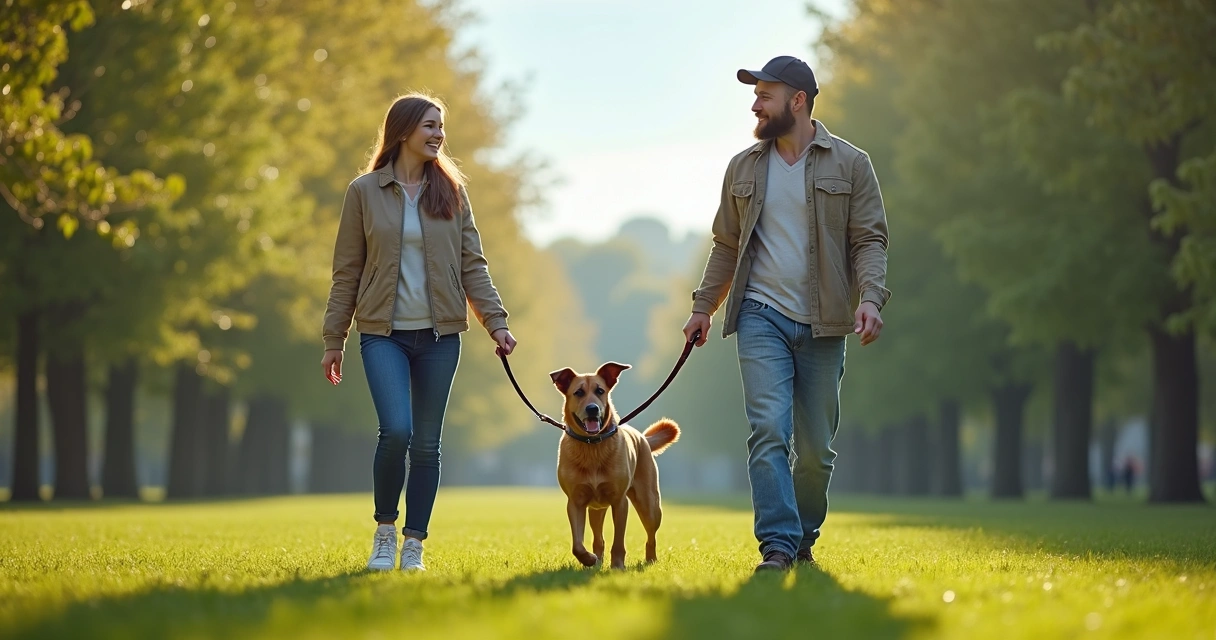 Homem e mulher sorrindo, segurando a coleira de um cachorro em parque. 