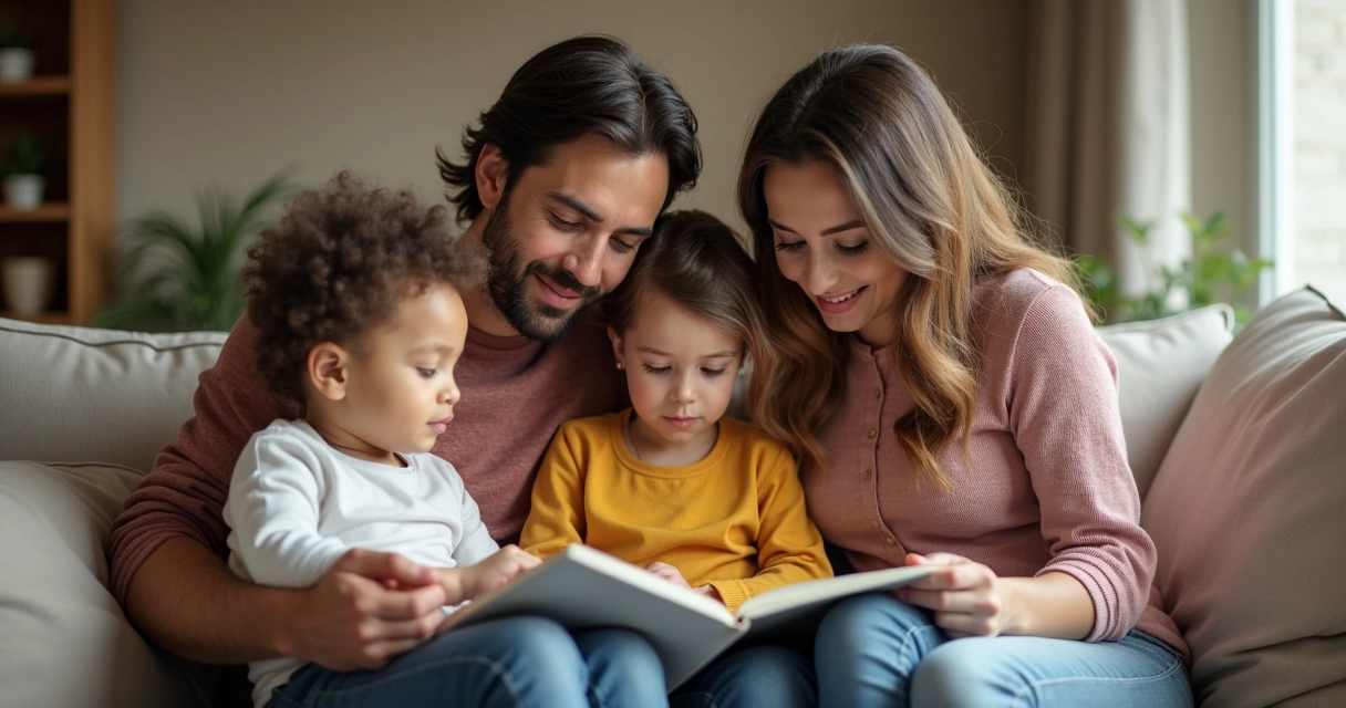 Pais cuidando juntos dos filhos em ambiente doméstico compartilhado