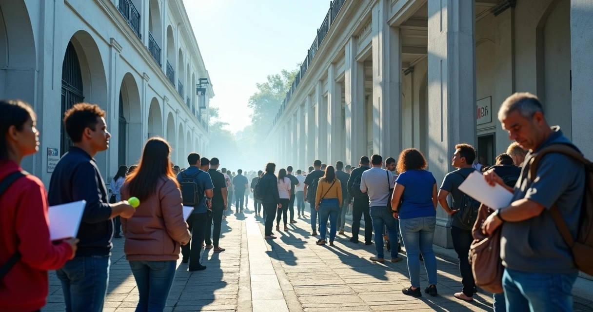 Fila de pessoas em Florianópolis esperando para prestar concurso público da Guarda Municipal, em ambiente urbano 