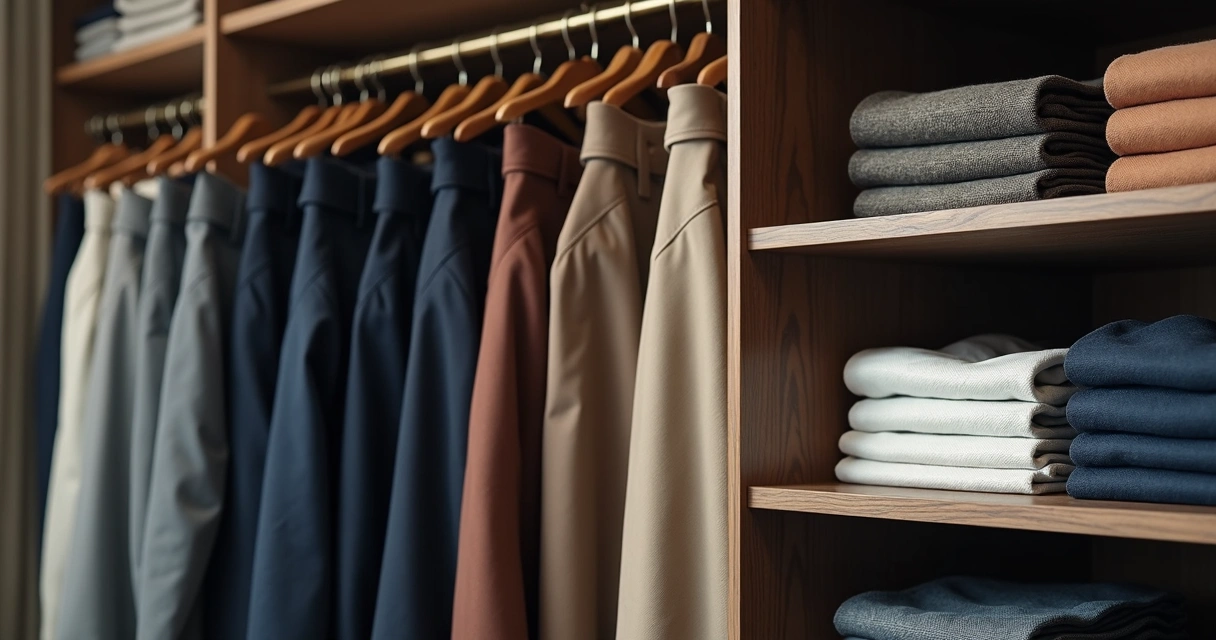 Guarda-roupa masculino organizado com v&aacute;rias cal&ccedil;as de sarja coloridas e camisas dobradas 