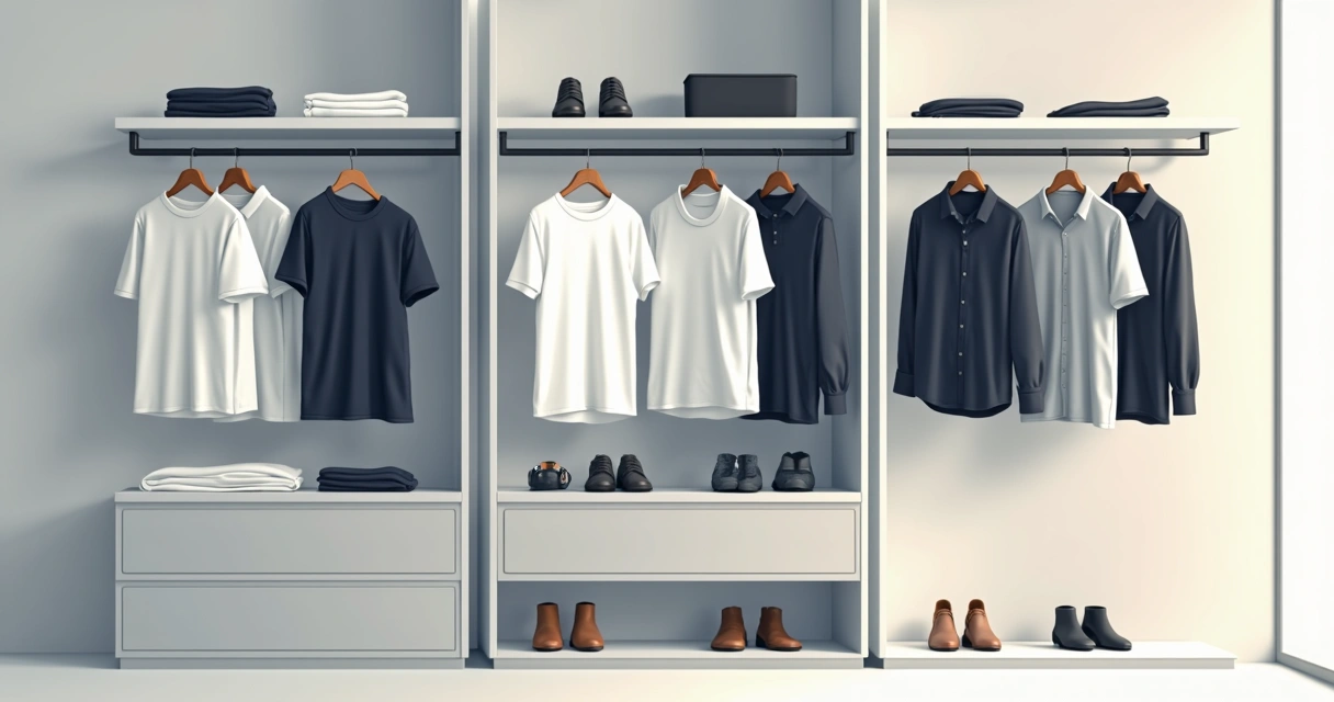 Roupas masculinas organizadas em cabides, paleta de cores neutras e um canto com acessórios