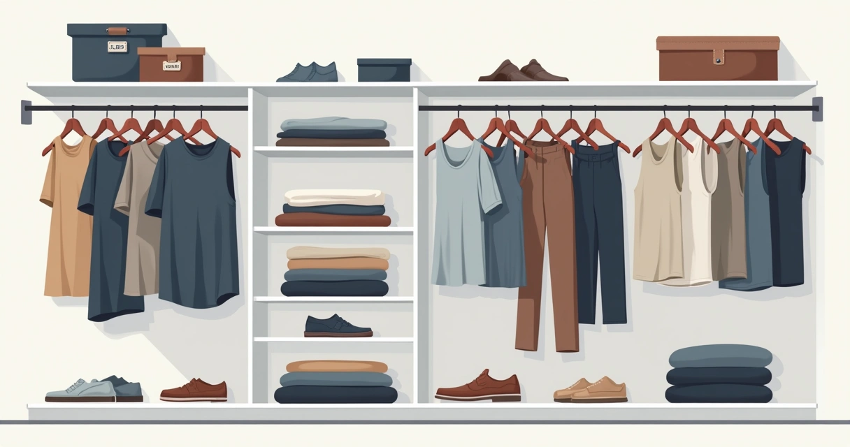 Guarda-roupa masculino bem organizado com camisetas, regatas e calças em cores neutras