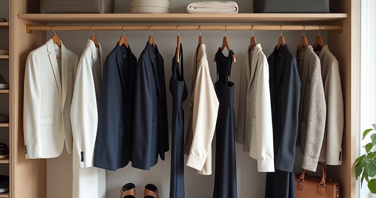 Guarda-roupa aberto com roupas básicas penduradas alinhadas 