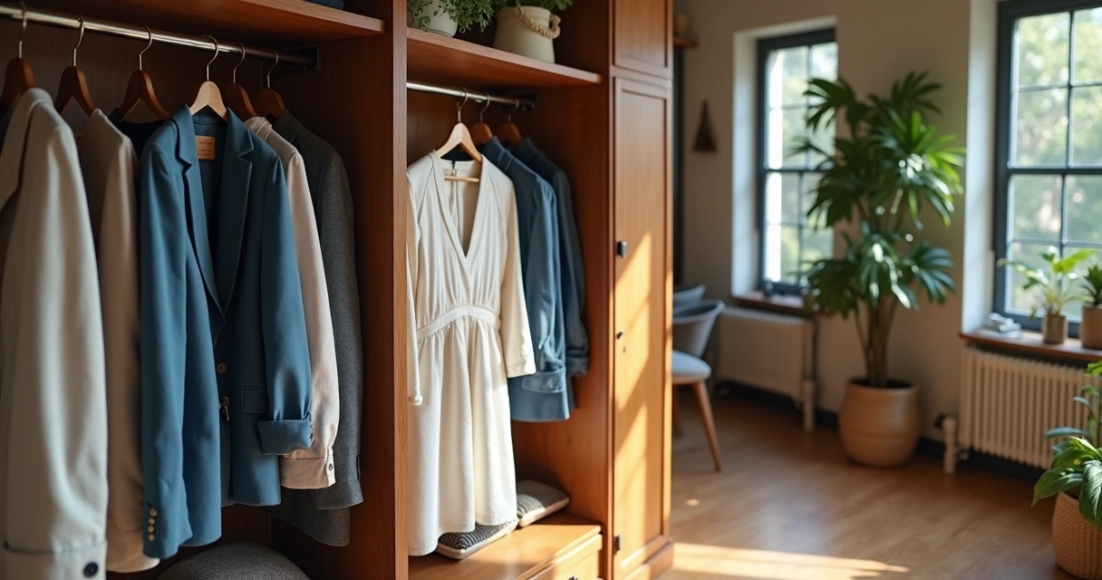 Guarda-roupa aberto com roupas selecionadas penduradas, destacando peças de alta qualidade e estilo atemporal 