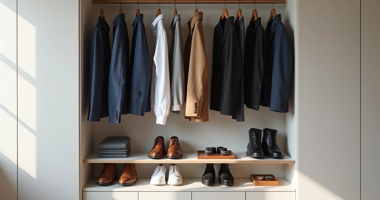 Vista frontal de guarda-roupa masculino organizado com roupas e sapatos em tons neutros 