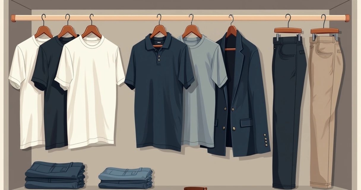 Roupas masculinas dispostas organizadamente em cabides