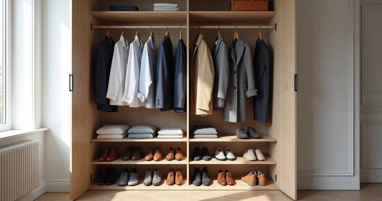 Closet masculino organizado com roupas básicas e sapatos de couro alinhados 