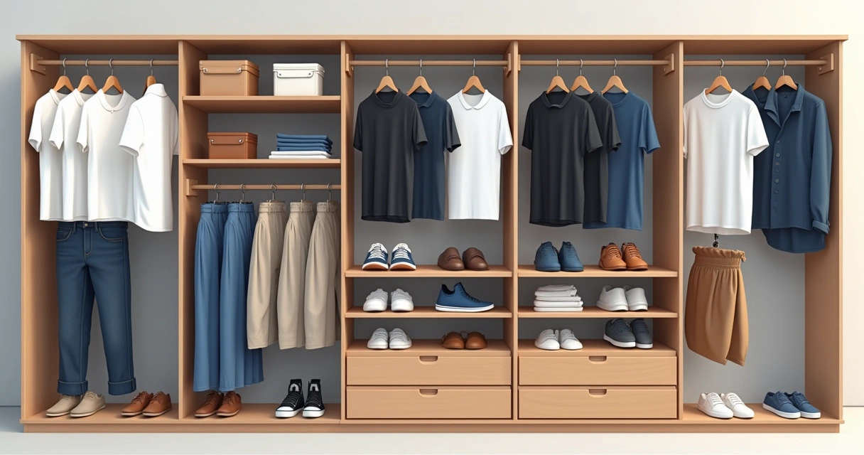 Guarda-roupa masculino com peças básicas organizadas nas prateleiras