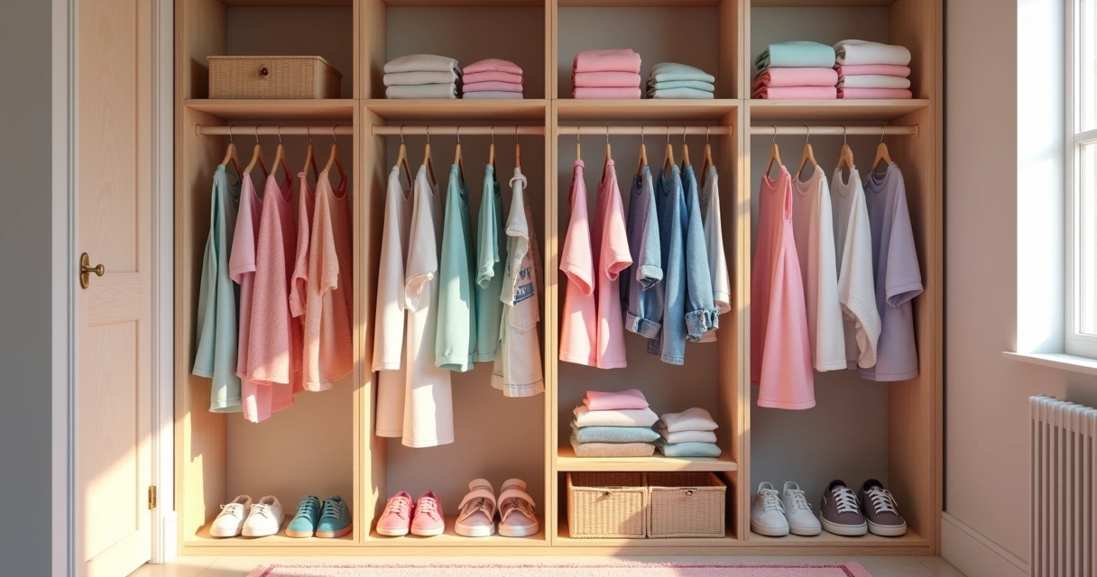Guarda-roupa aberto com roupas casuais femininas infantis organizadas