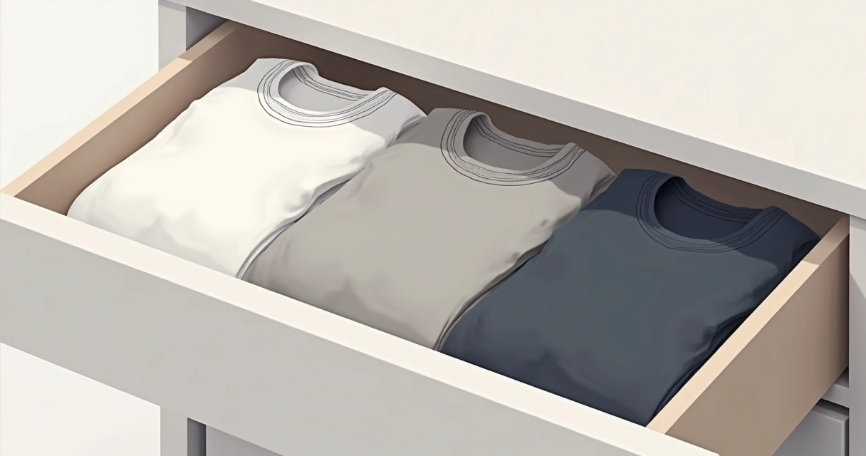 Detalhe de camisetas minimalistas bem dobradas e organizadas em uma gaveta branca 